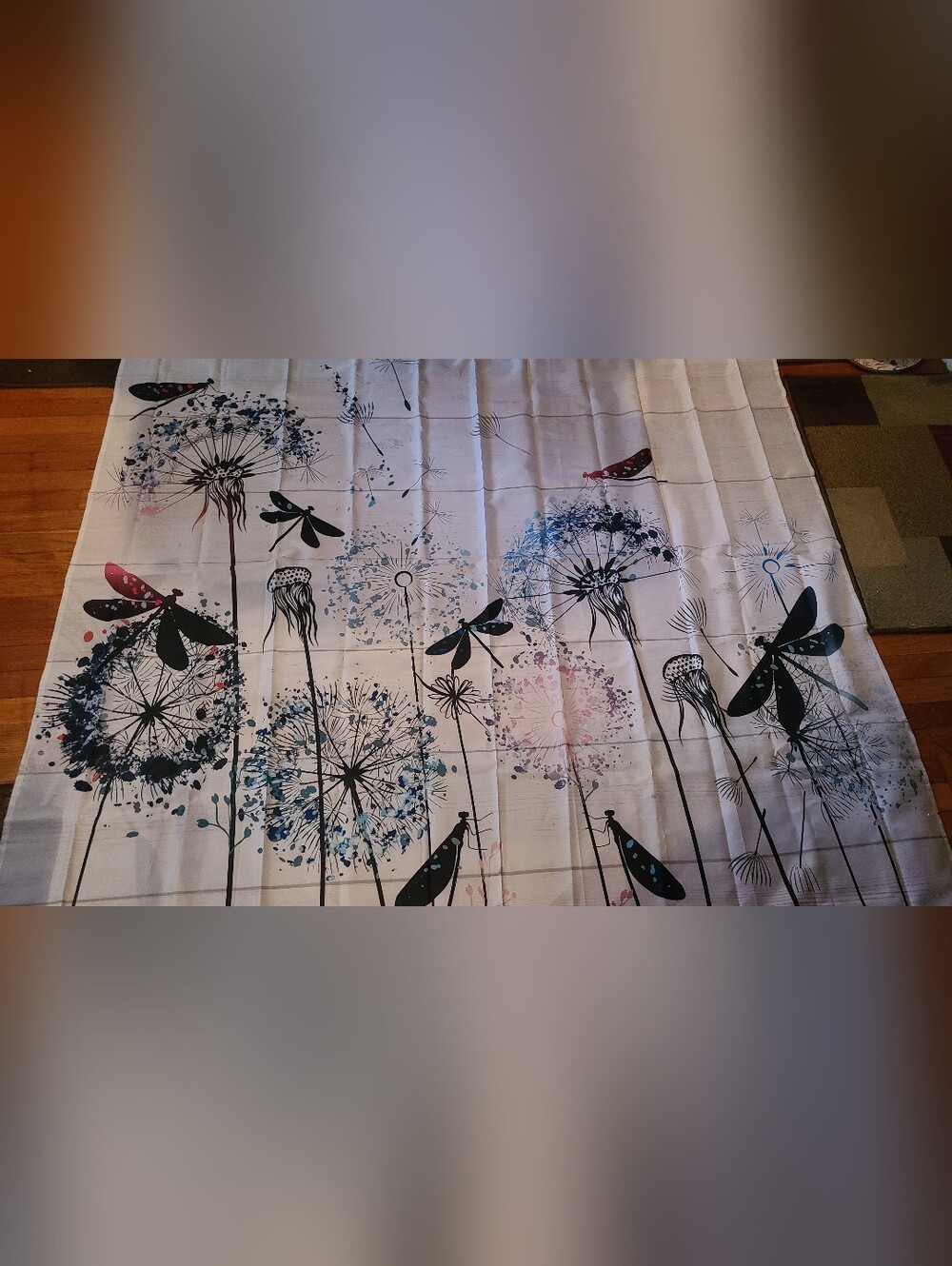 Floral Dandelion & Dragonfly Shower Curtain in White and Blue